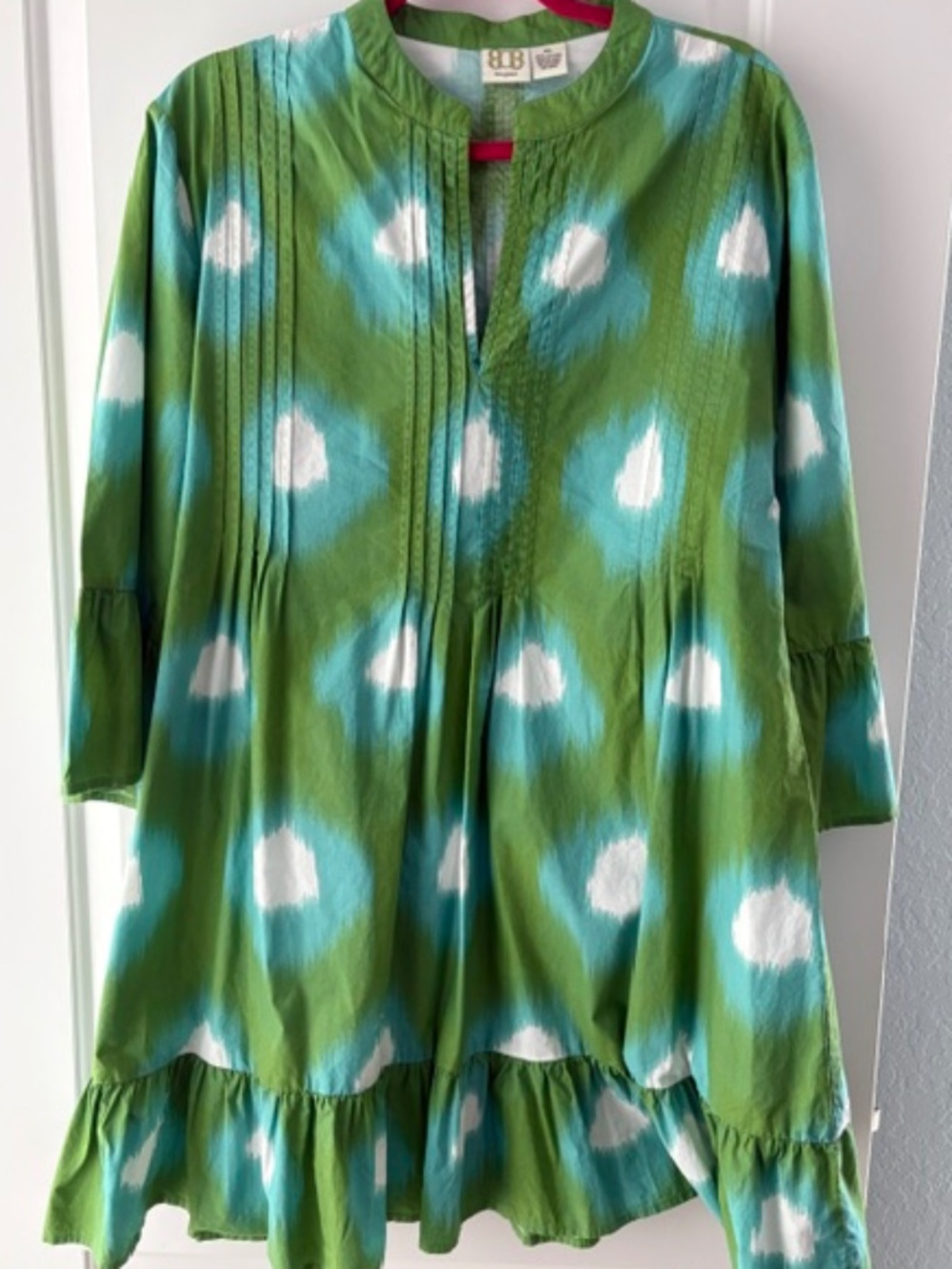 Boo Gemes Green and Blue Ikat Dress 100% Cotton size XL